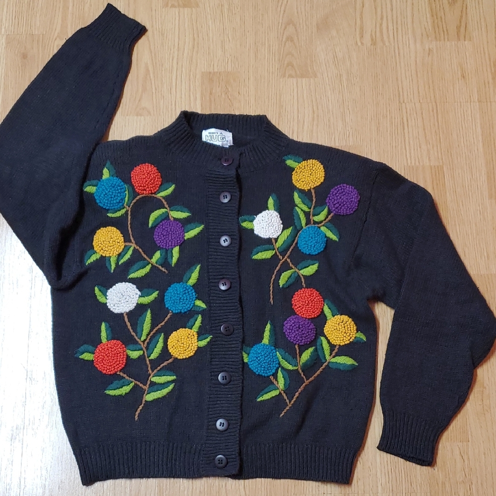 Here's A Hug Dark Grey Cardigan with Colorful Floral Embroidery Size SMALL